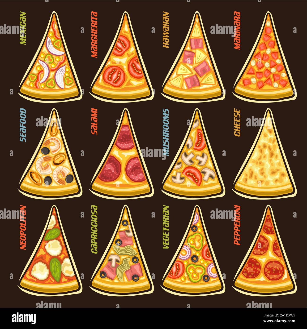Conjunto Vector rebanadas de la pizza italiana: 12 etiquetas para pizzería menú con texto de título, pedazos triangulares de diferentes tipos de pizza original vista superior con fon Ilustración del Vector