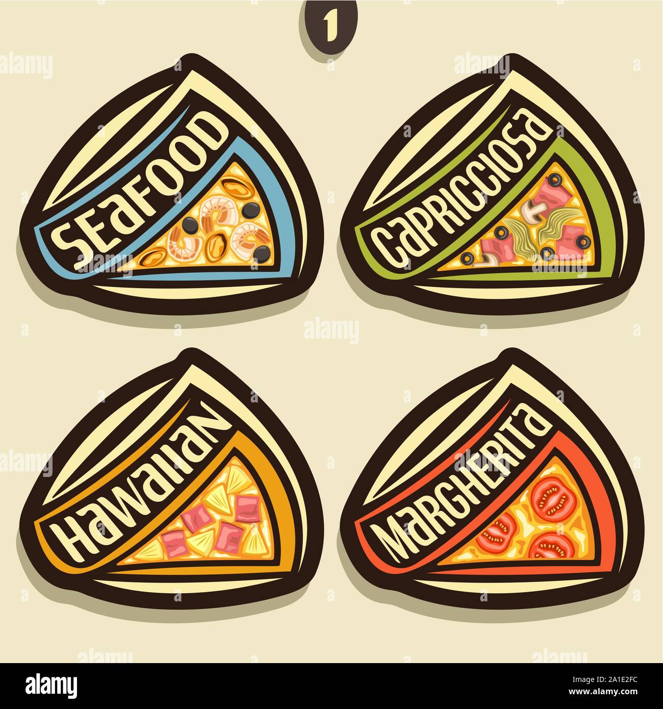 Conjunto de vectores señales para pizza italiana: 4 etiquetas para pizzería menú con texto de título, triángulo rebanadas de diferentes tipos de pizza original vista superior con fon Ilustración del Vector