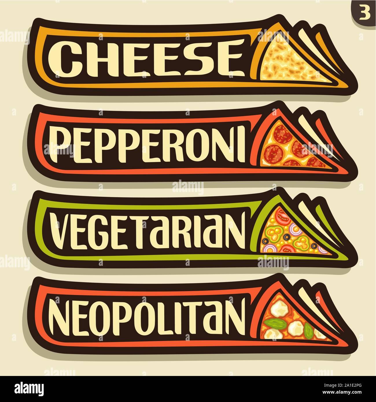 Definir etiquetas vectoriales para pizza italiana: 4 horizontales pegatinas para pizzería menú con texto de título, triángulo rebanadas de diferentes tipos de pizza vista superior ingenio Ilustración del Vector