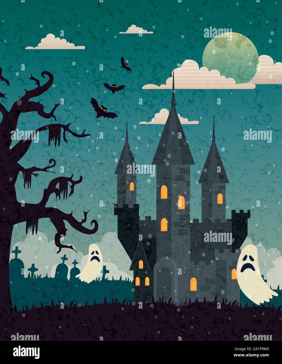 Castillo Encantado con el cementerio y fantasma en escena de Halloween Imagen Vector de stock - Alamy Castillo Encantado con el cementerio y fantasma en escena de Halloween Imagen Vector de stock - Alamy