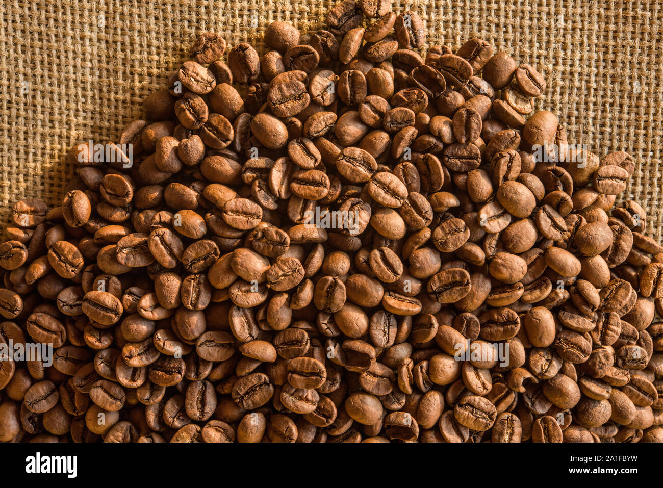 Los mejores granos de café brasileño y en fondo de saco de yute Foto de stock