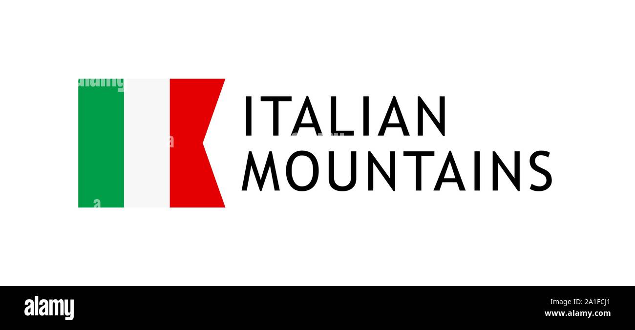 Plantilla de logotipo para las excursiones a las montañas alpinas italianas, Vector adorables inteligible ilustración con bandera nacional de Italia aislado en blanco. Desig Ilustración del Vector