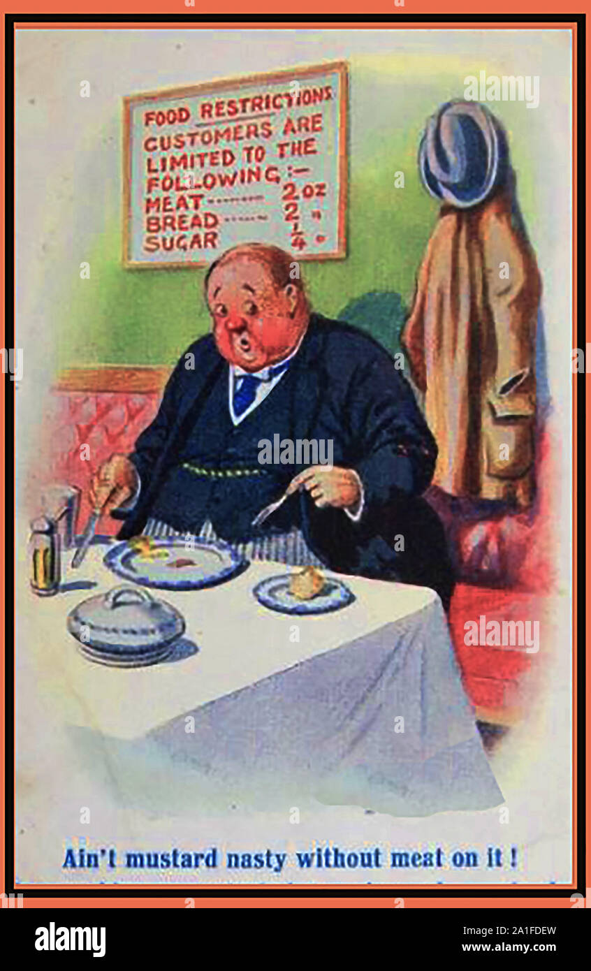 Un circa 1940 cómico británico postal con un cliente sometido al racionamiento de alimentos en tiempos de guerra, que se extendió a los cafés y restaurantes. Foto de stock