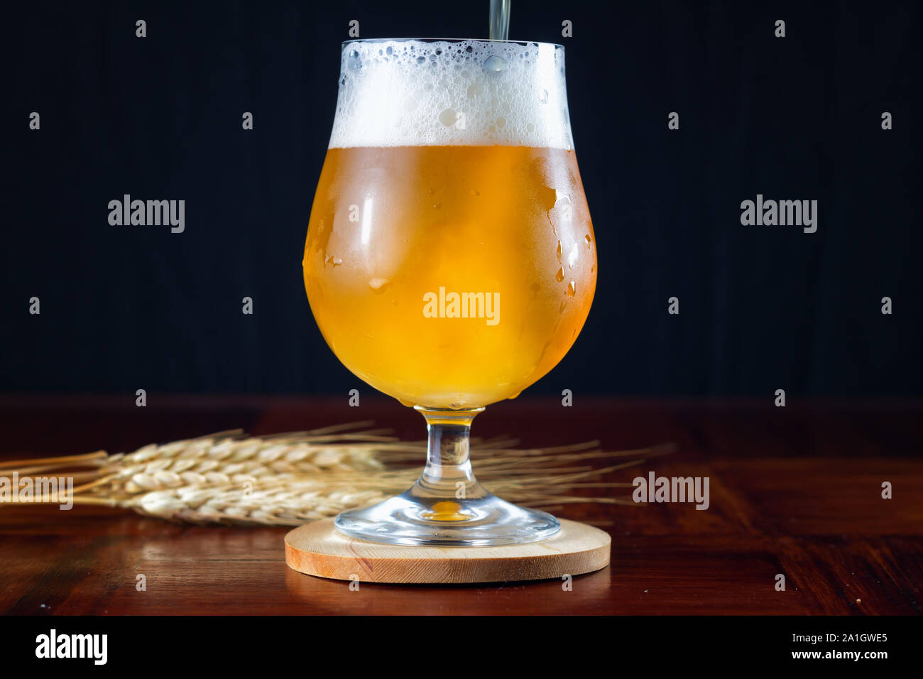 IPA nebuloso cerveza artesanal que se vierte en un vaso de cerveza con forma de tulipán. Foto de stock