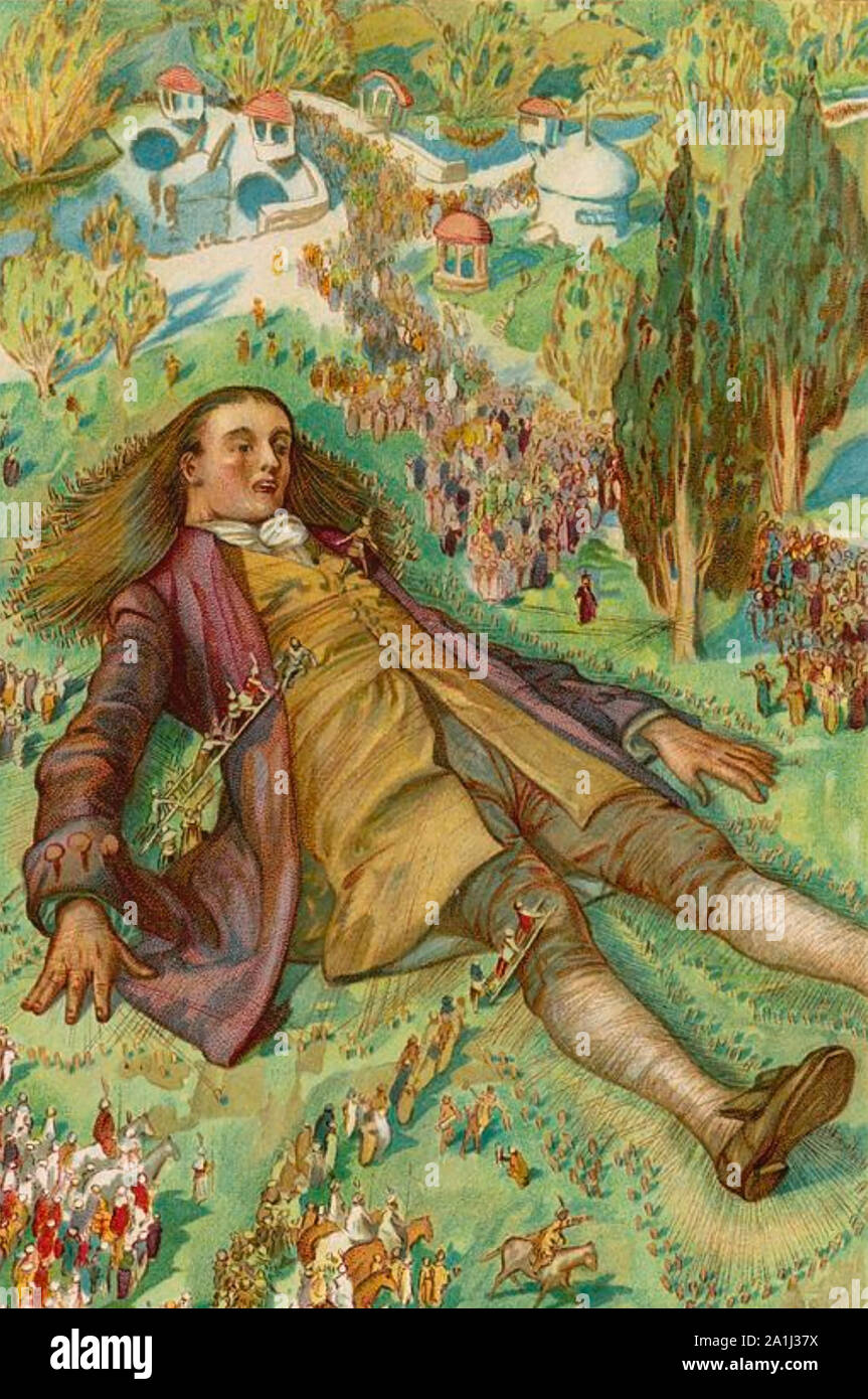 Los viajes de Gulliver, de Jonathan Swift. Jonathan es atado por los Liliputienses. Foto de stock