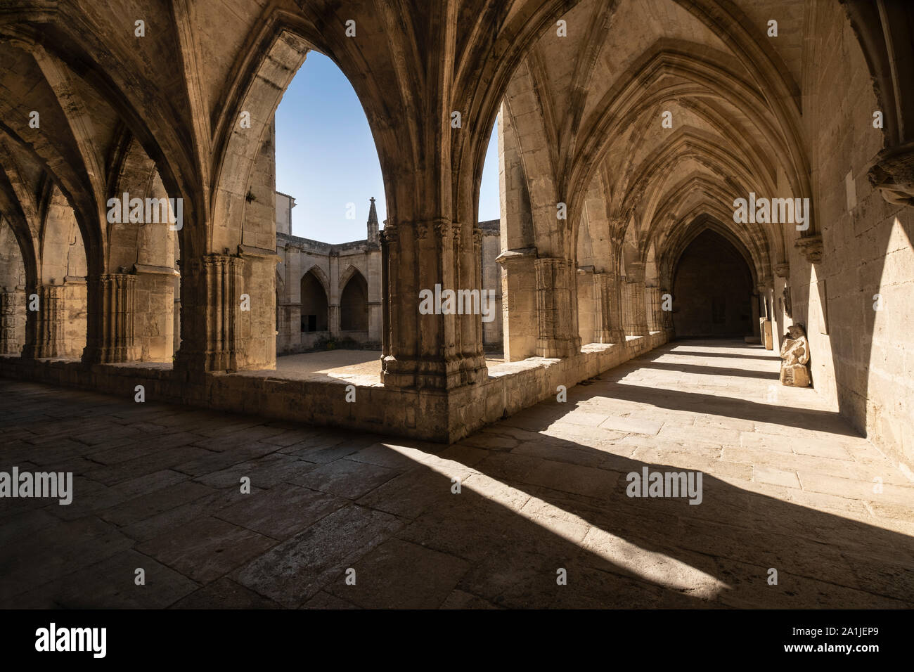 Los claustros en Beziers Catedral de Saint-Nazaire y Saint Celse. Monumento gótico construido en el lugar de la matanza por la cruzada Albigense Foto de stock