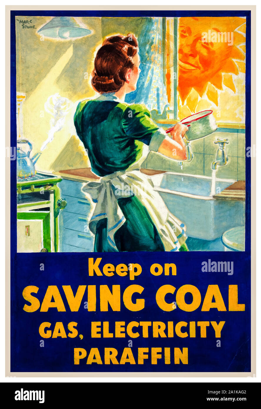 Británico, WW2, póster de economía de combustible, carbón, continuar salvando (ama de casa en el lavabo de la cocina),1939-1946 Foto de stock