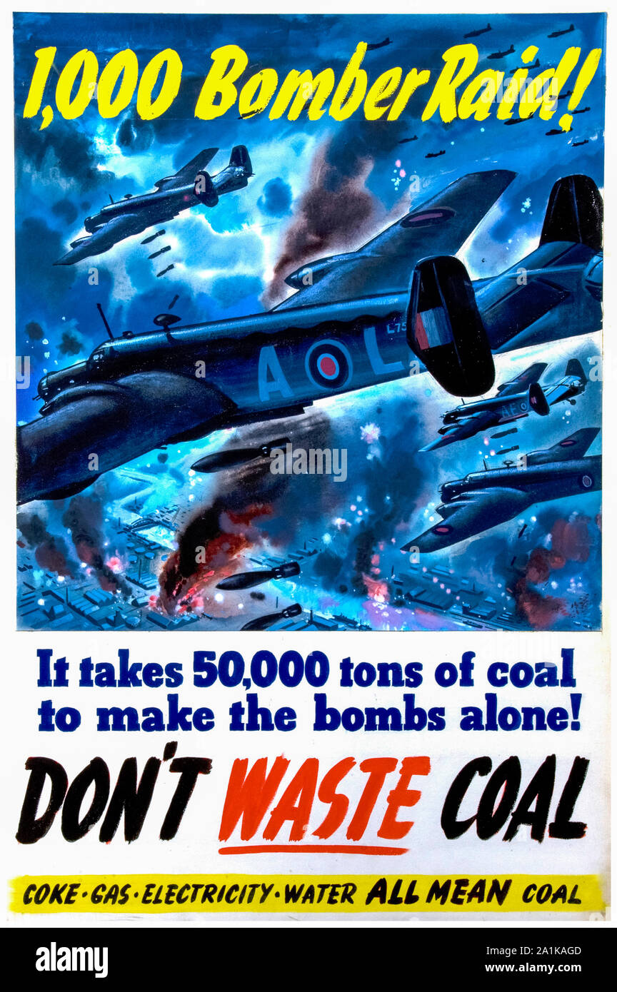 Británico, WW2, la economía de combustible, no pierda el carbón, (Lancaster bombers en acción), póster, 1939-1946 Foto de stock