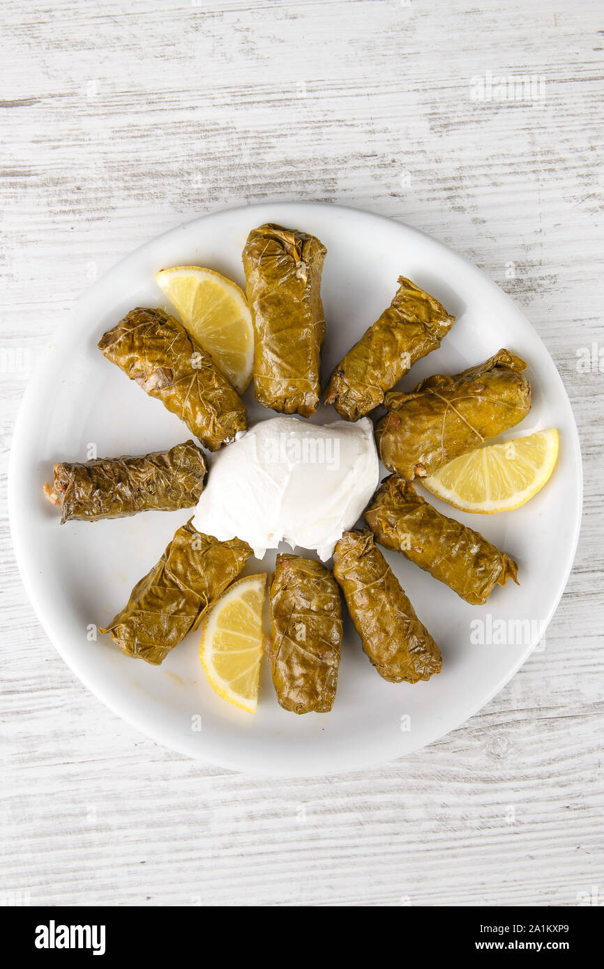 Las hojas de parra rellenas, aperitivos griegos, el meze Fotografía de