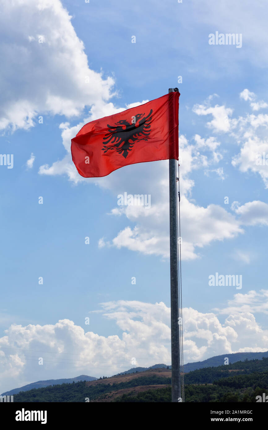 Bandera de Albania contra el cielo azul con nubes blancas. La bandera  albanesa es una bandera roja con una silueta negra águila bicéágenes  verticales Fotografía de stock - Alamy