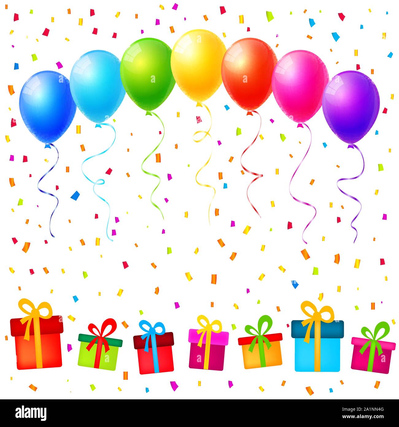 Parte de vectores fondo con globos de colores, regalos y confeti Imagen  Vector de stock - Alamy