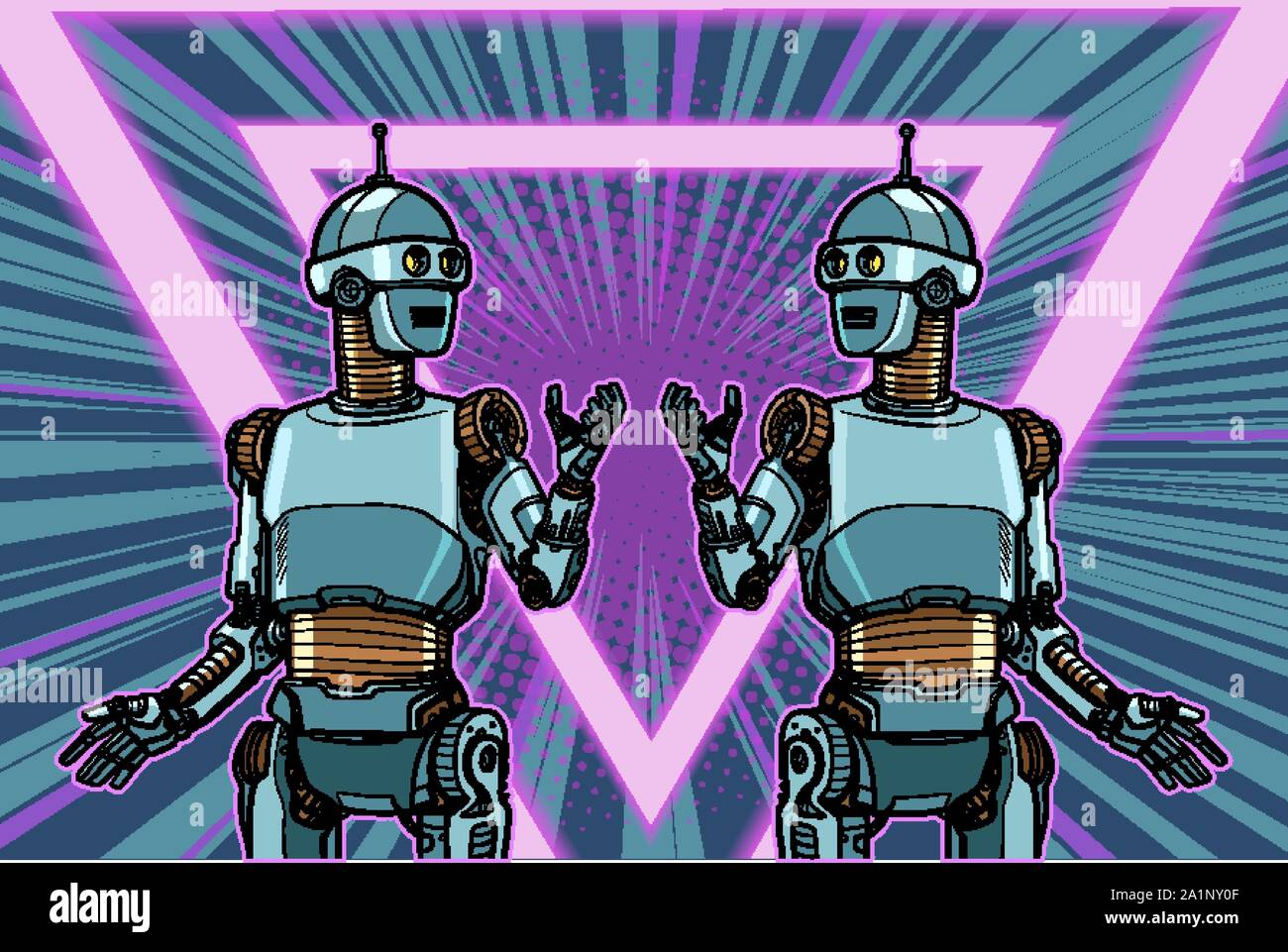 Robot Cyber Monday poster publicitario. Pop art dibujo ilustración vector vintage retro kitsch Ilustración del Vector