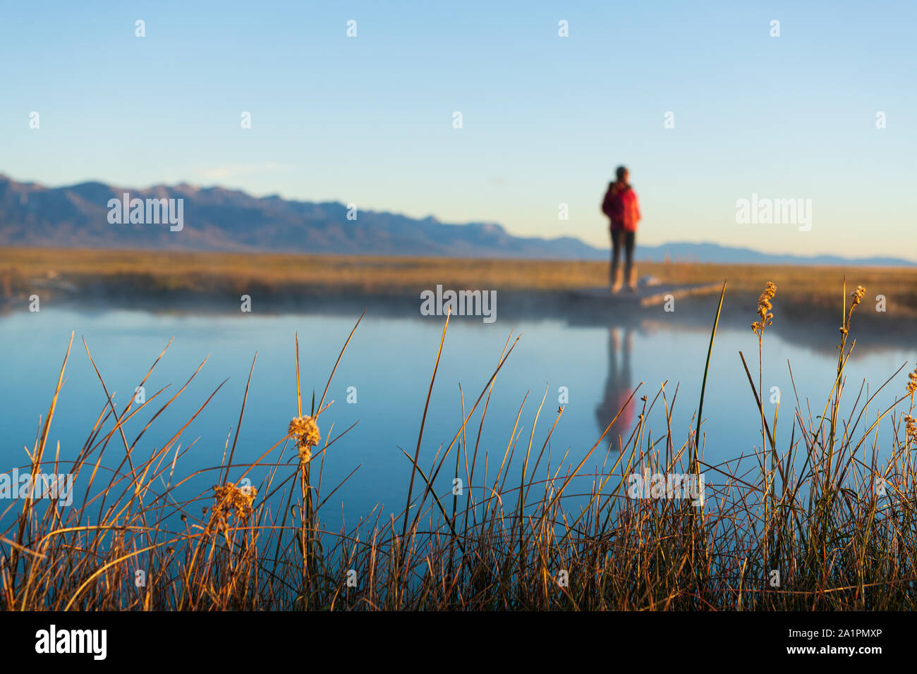 Una chaqueta de mujer en rojo de la Patagonia se encuentra en el valle de Ruby hot springs durante un viaje a través de Centroamérica, América del Norte de Nevada. Foto de stock