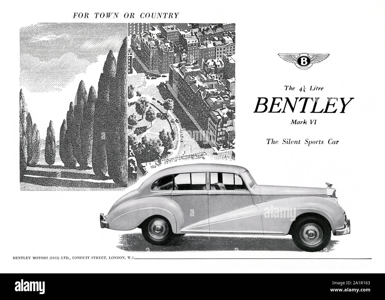 Anuncio para la marca de coches deportivos Bentley VI, 1951. La marca VI 4 puertas berlina deportiva de acero estándar fue el primer coche de lujo de post-guerra de Bentley. También fue el primer coche de Rolls-Royce con carrocerías de acero y el primer coche completo montado y terminado en su fábrica. Foto de stock