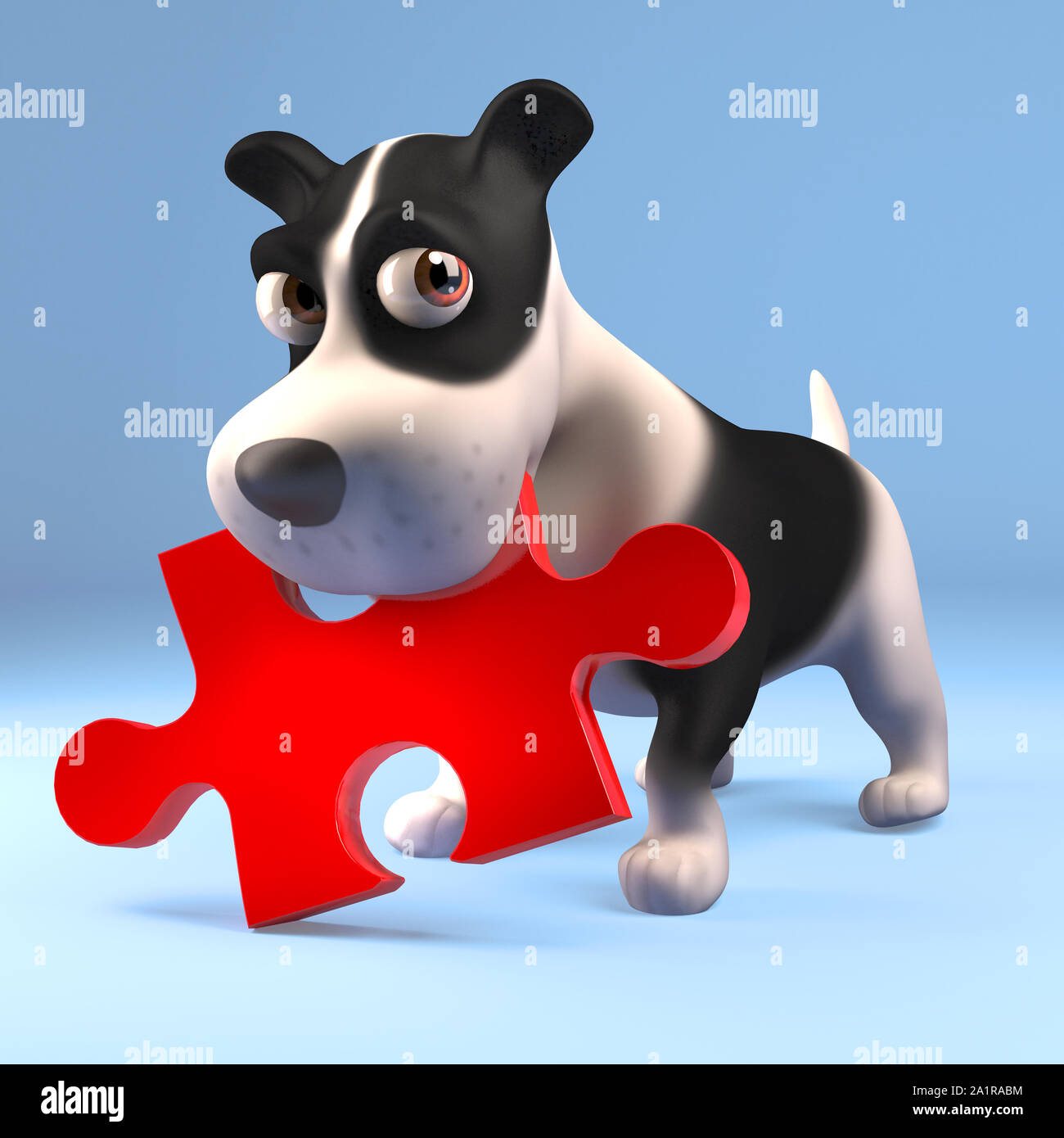 Divertidos dibujos animados perrito sosteniendo una pieza de un rompecabezas en su boca, ilustración 3D Render Fotografía de stock - Alamy