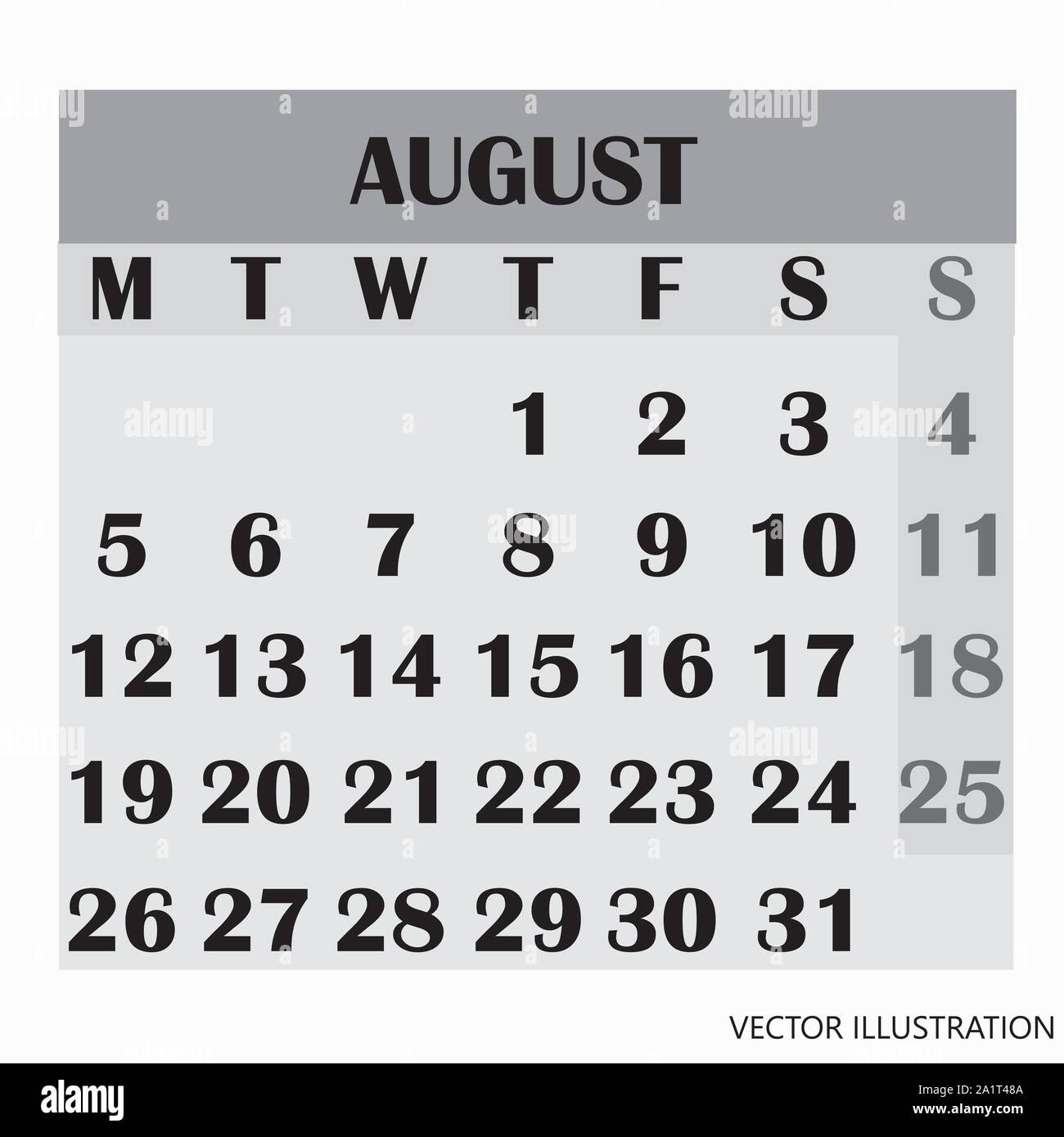 Diseño de calendario el mes de agosto de 2019. Año 2019 Calendario. Diseño  sencillo para el calendario 2019. Calendario de organización y de negocio.  La semana comienza el lunes. Ilustración vectorial Imagen
