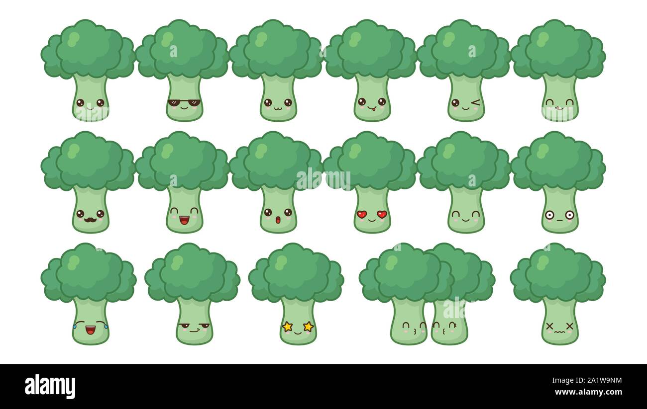 Brócoli cute kawaii mascota. Establecer kawaii comida rostros expresiones sonrisa emoticonos. Ilustración del Vector