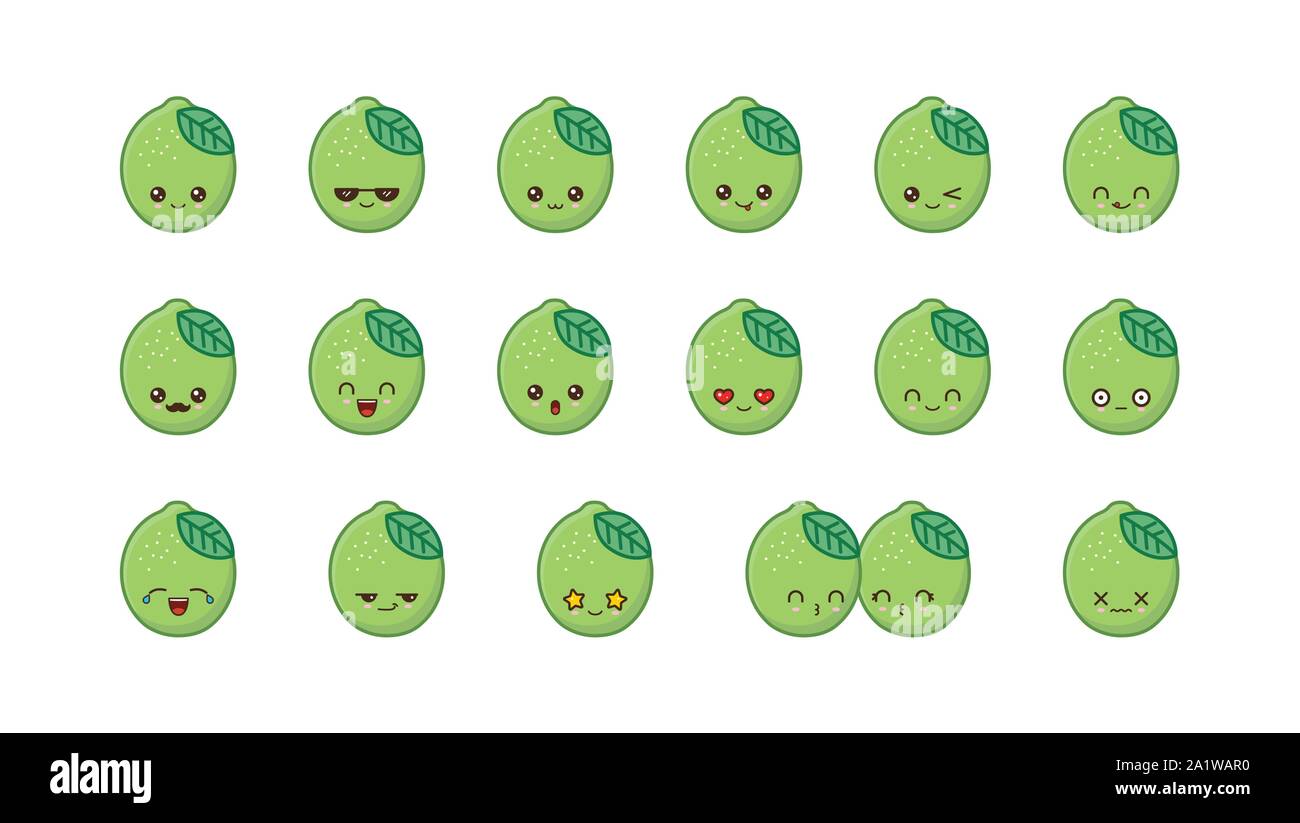 Lime cute kawaii mascota. Establecer kawaii comida rostros expresiones sonrisa emoticonos. Ilustración del Vector