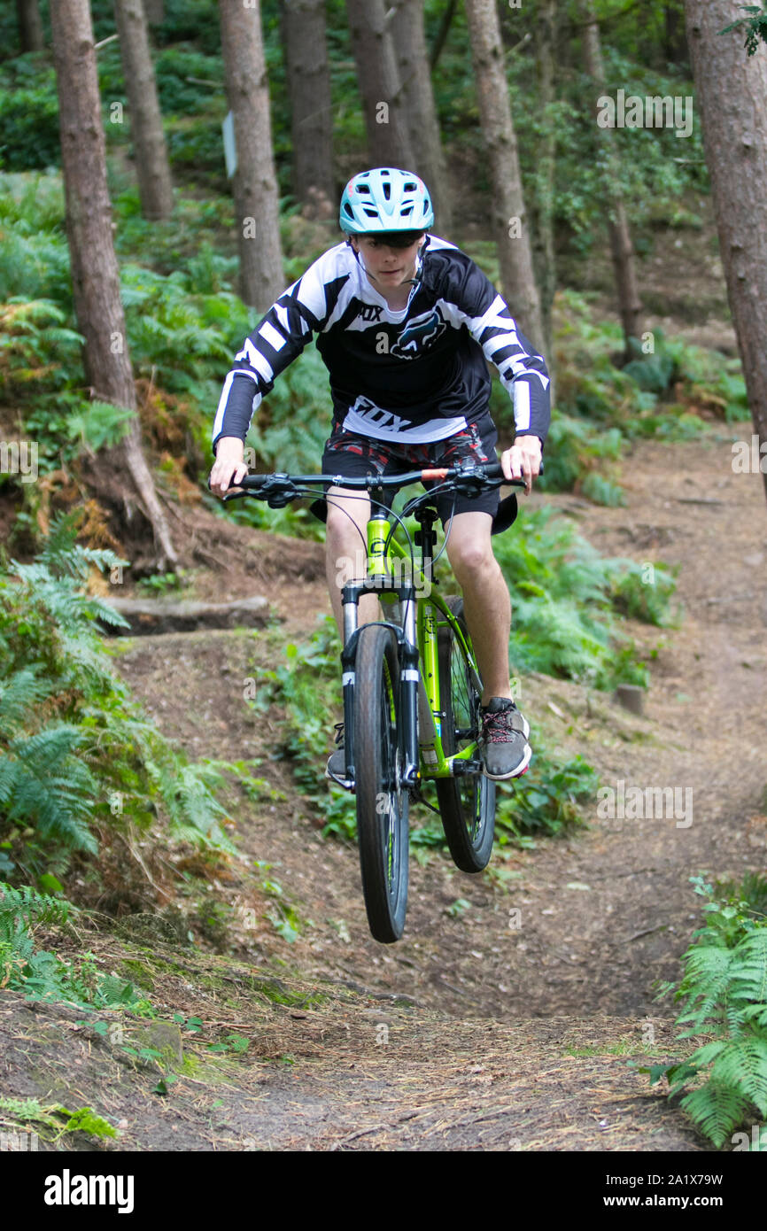 Adolescente saltando alrededor en una bicicleta de montaña en borde Kinver pista forestal rodeado de altos pinos. Foto de stock