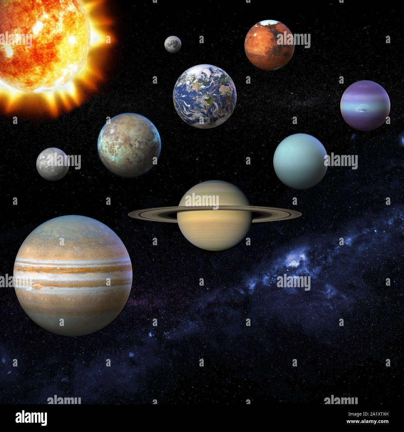 Planeta del sistema solar, el sol y las estrellas. El Sol, Mercurio, Venus, planeta Eearth, Marte, Júpiter, Saturno, Urano, Neptuno, la Luna, la Vía Láctea. Ciencia y educación Foto de stock