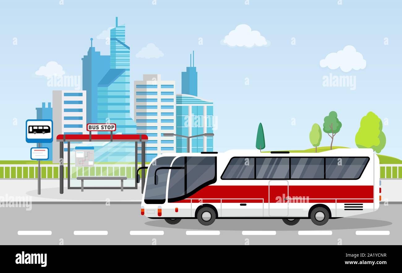 Parada de autobús con el signo y el calendario de la ciudad con rascacielos de fondo Ilustración del Vector