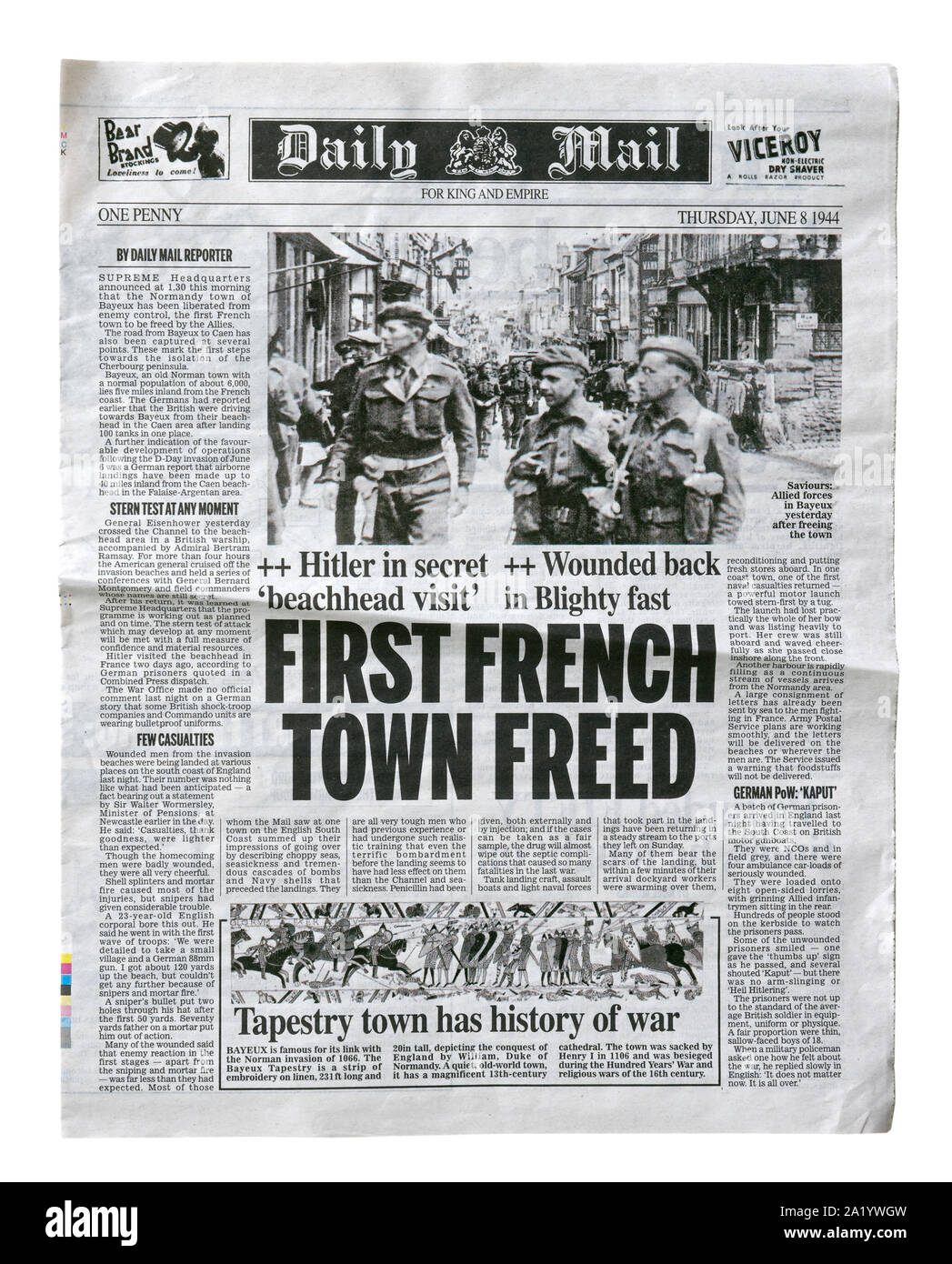 Una reproducción portada del Daily Mail del 8 de junio de 1944, con noticias sobre la invasión aliada de Francia después del Día D. Foto de stock