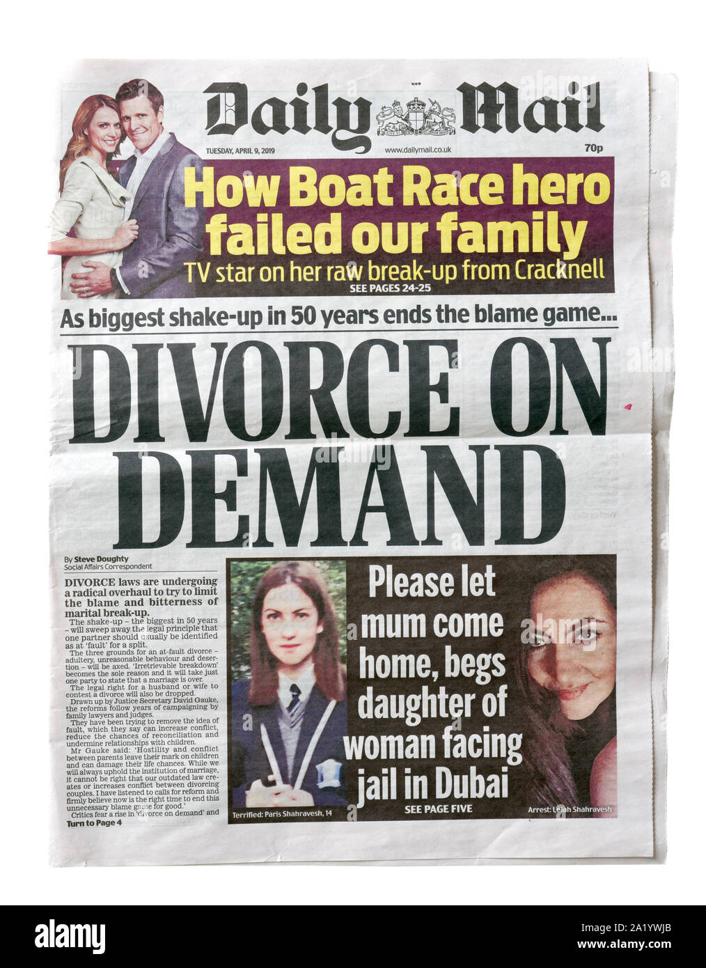 La portada del Daily Mail desde el 9 de abril de 2019 con el título el divorcio por demanda sobre las nuevas leyes de divorcio sin culpa Foto de stock