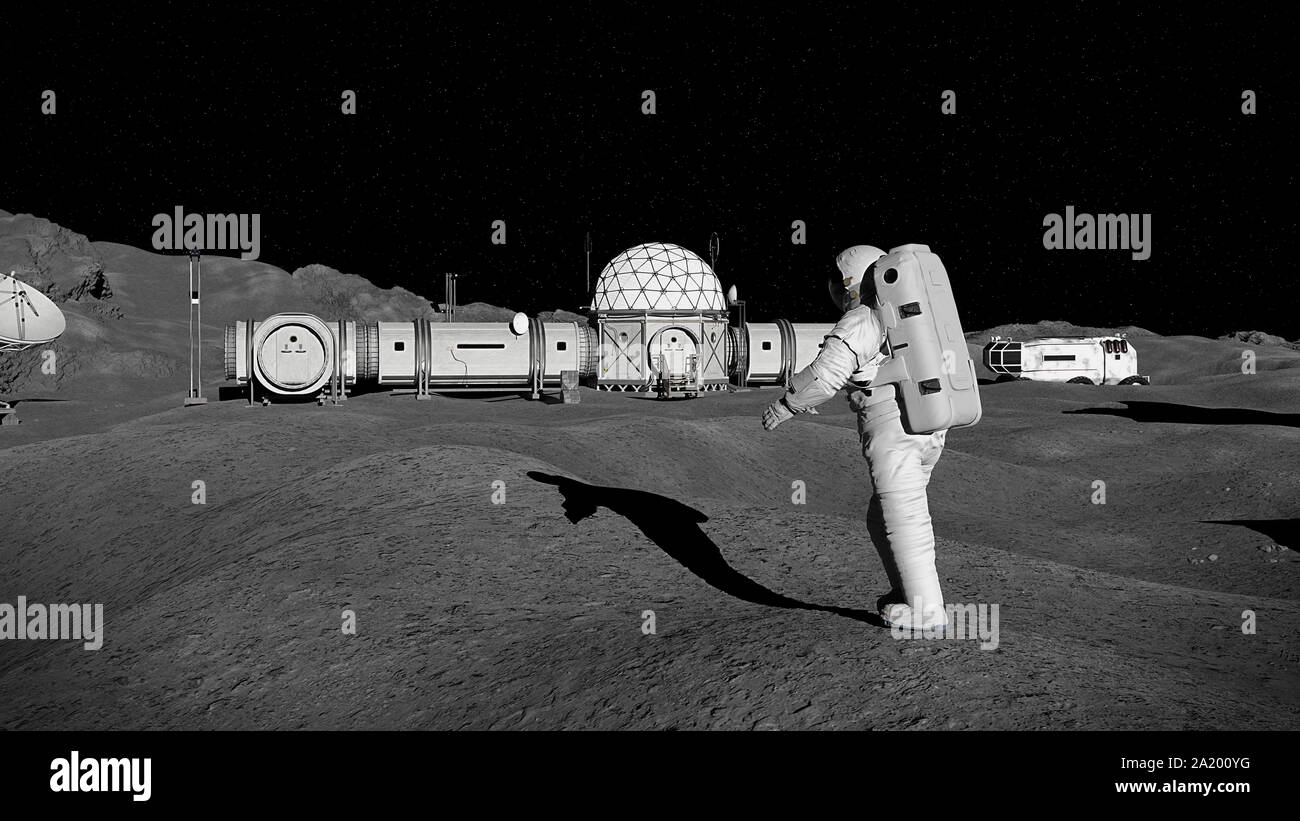 Astronauta sobre la superficie de la luna, Paisaje lunar con hábitat espacial Foto de stock