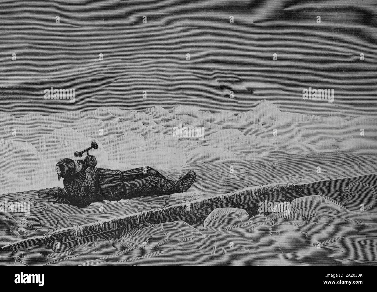 Estados Unidos de América. Nuevo Hampshire. Estación meteorológica del "montaña de Washington". Observador de la onu apreciando la velocidad del viento en la meseta de la montaña. Grabado por Bernardo Rico (1825-1894). La Ilustración española y americana, 30 de enero de 1884. Foto de stock