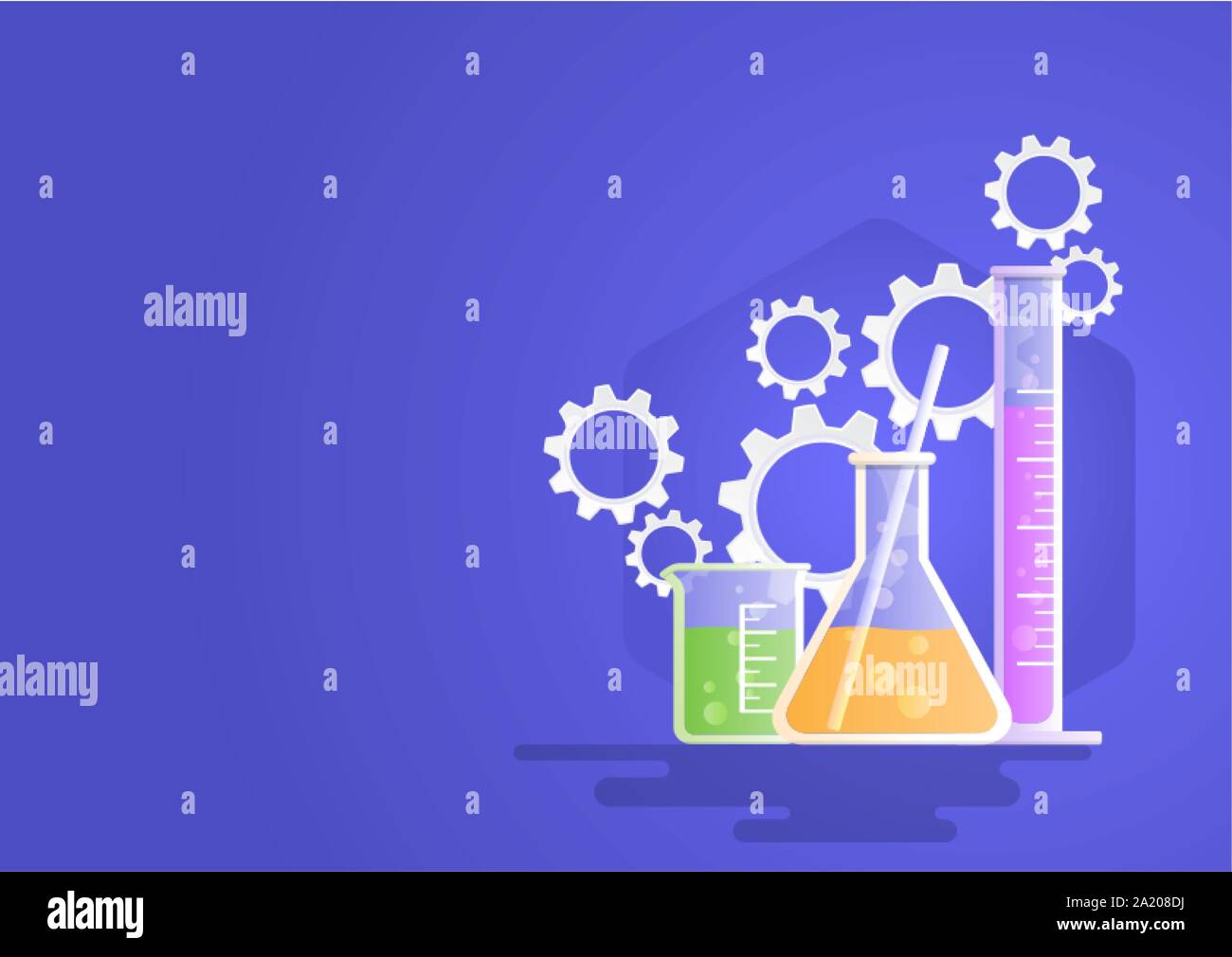 El material de vidrio de laboratorio instrumentos, vaso de precipitado,  matraces, equipos para laboratorio de química con engranajes símbolo.  Ilustración vectorial tipo plano para la ciencia, la industria Imagen  Vector de stock -