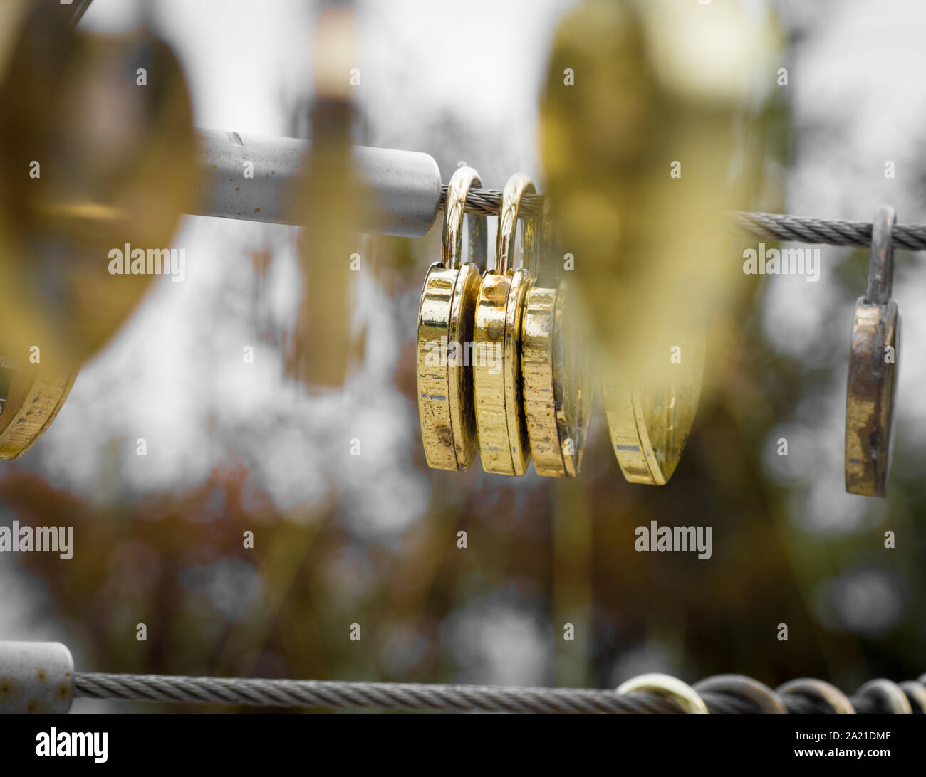 Candados de oro en forma de corazón colgado en una cerca de alambre de acero shot y macro. Foto de stock