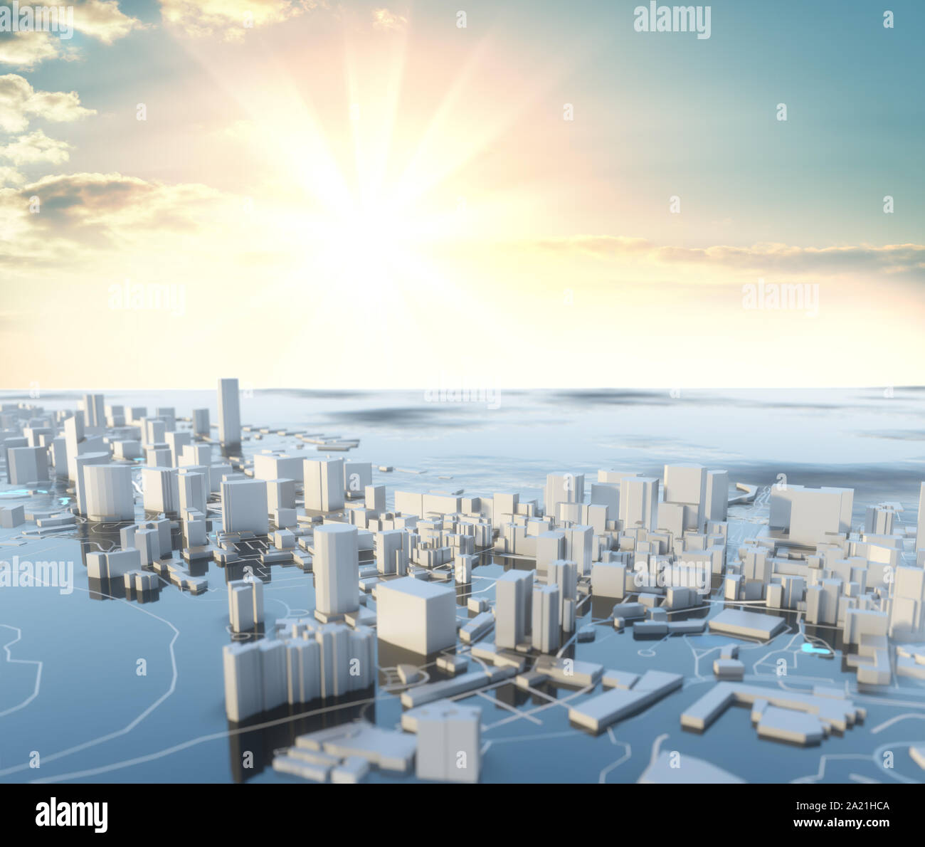 Ilustración 3D. Ciudad futurista en día soleado. Fondo del Cielo Foto de stock