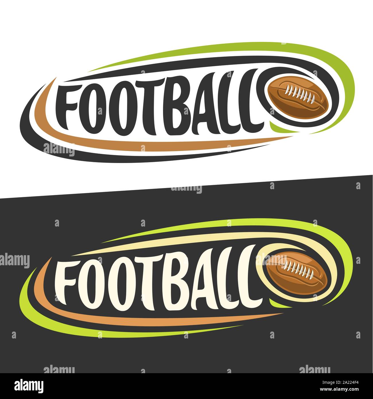 Logotipos vectoriales para el deporte del fútbol americano, volar la bola y palabra manuscrita - Fútbol en negro, líneas curvas alrededor de la tipografía de texto original: foo Ilustración del Vector