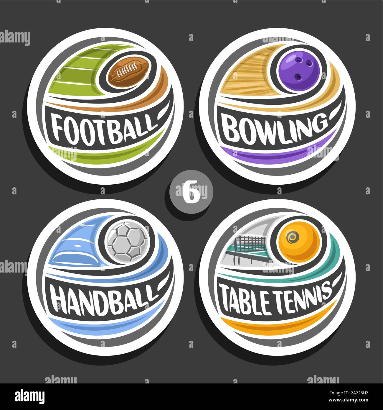 Conjunto de vectores del deporte logos, 4 ronda simple insignias con balón en vuelo la trayectoria curva, círculo sports signos de diseño minimalista con equipamiento para juegos, o Ilustración del Vector
