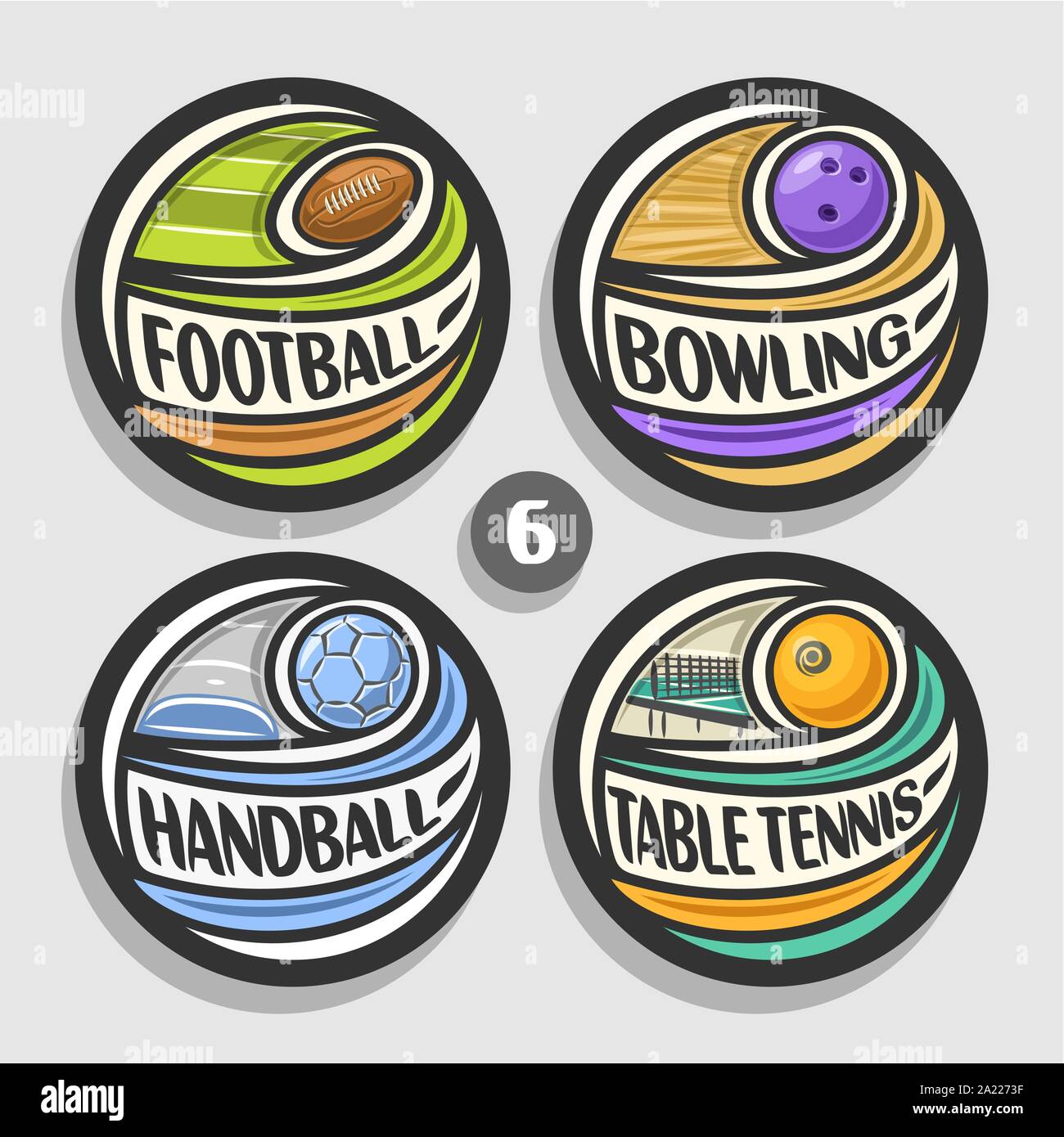 Conjunto de vectores del deporte logos, 4 ronda simple insignias con balón en vuelo la trayectoria curva, círculo sports signos de diseño minimalista con equipamiento para juegos, o Ilustración del Vector
