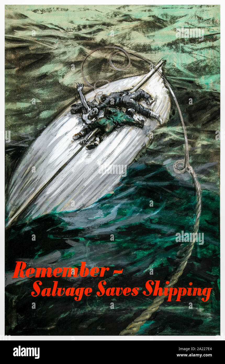 Británico, WW2, Salvamento cartel, recuerde de Salvamento Marítimo, ahorra (marineros en up-girar el barco, siendo rescatados) 1939-1946 Foto de stock