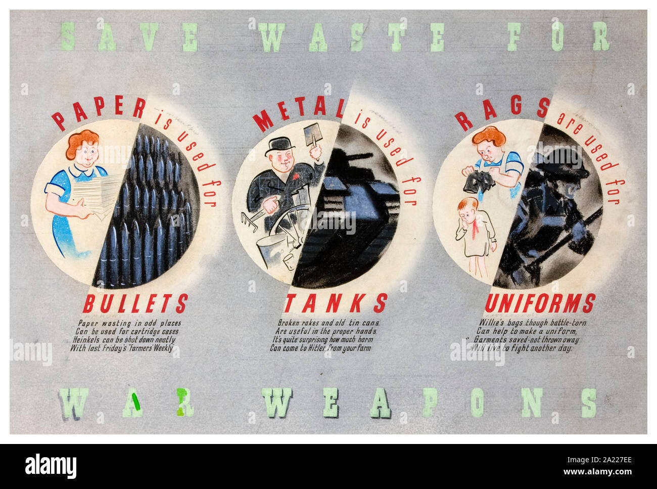 Británico, WW2, Salvamento cartel, guardar los residuos para las armas de guerra, (metal, papel y trapos cambiar a tanques, balas y uniformes respectivamente) 1939-1946 Foto de stock