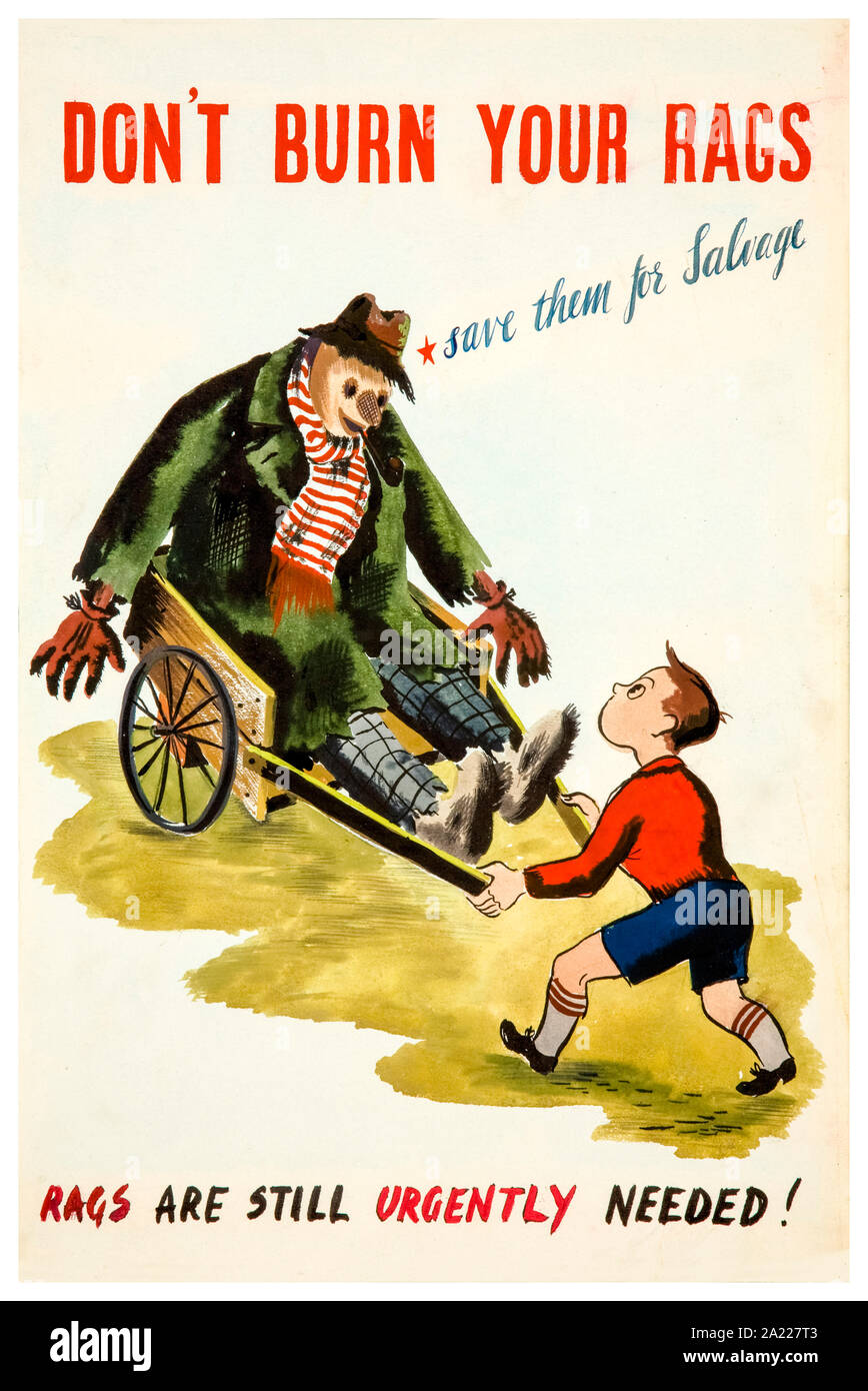 Británico, WW2, póster de salvamento, no quemes tus trapos guardarlos para el salvamento, (chico con un chico) Póster, 1939-1946 Foto de stock