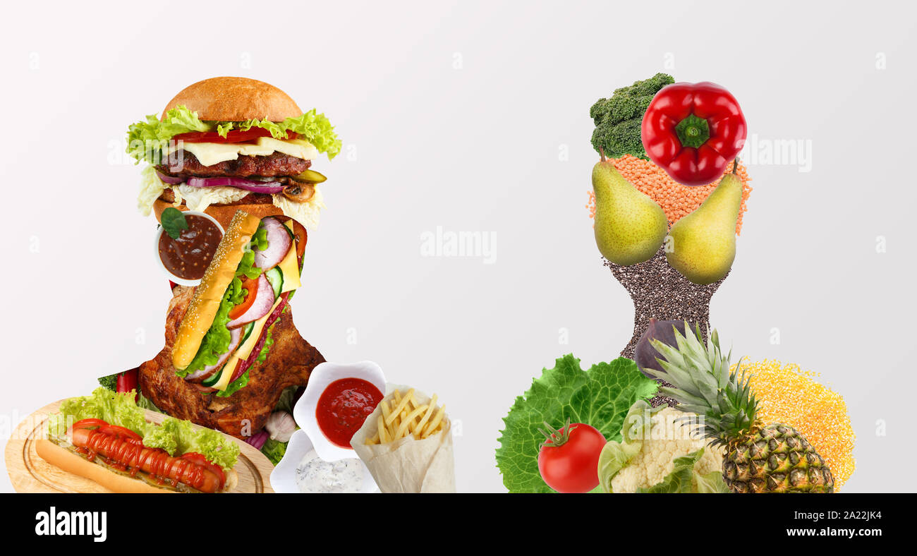 Una alimentación insana vs alimentos saludables, concepto de collage