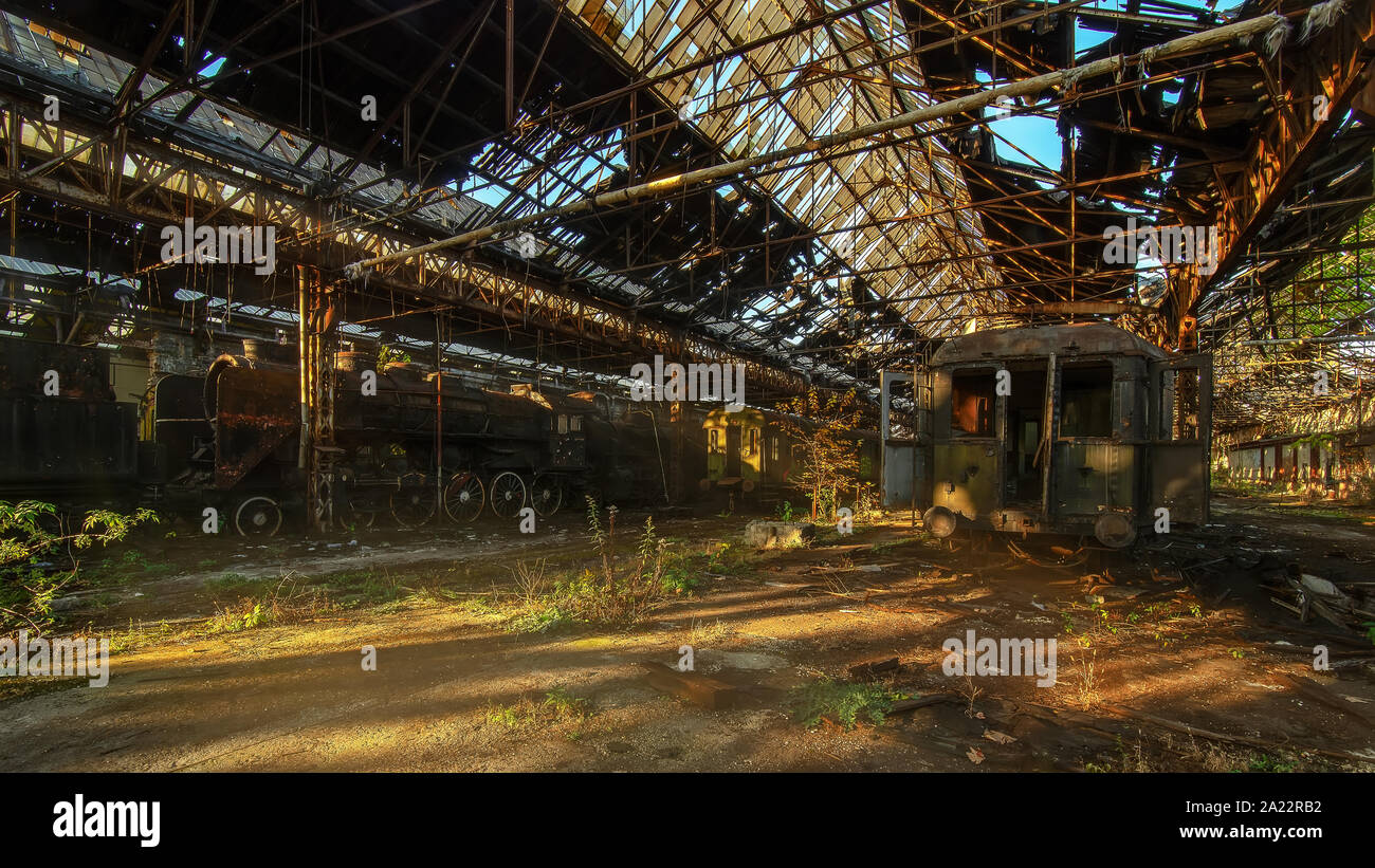 Cementary trenes abandonados. Increíble, las luces brillantes y los trenes a vapor forgoted Foto de stock