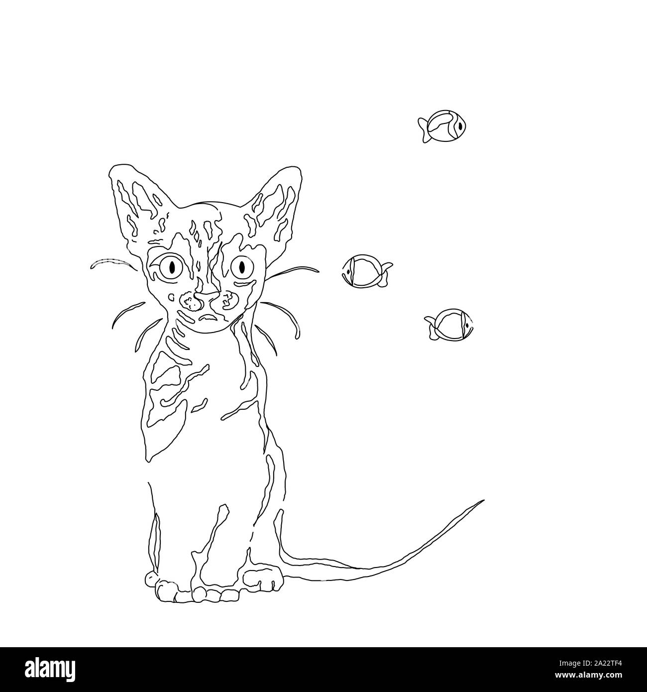 Ilustración dibujada a mano. Gato sueña con peces/ noche Foto de stock