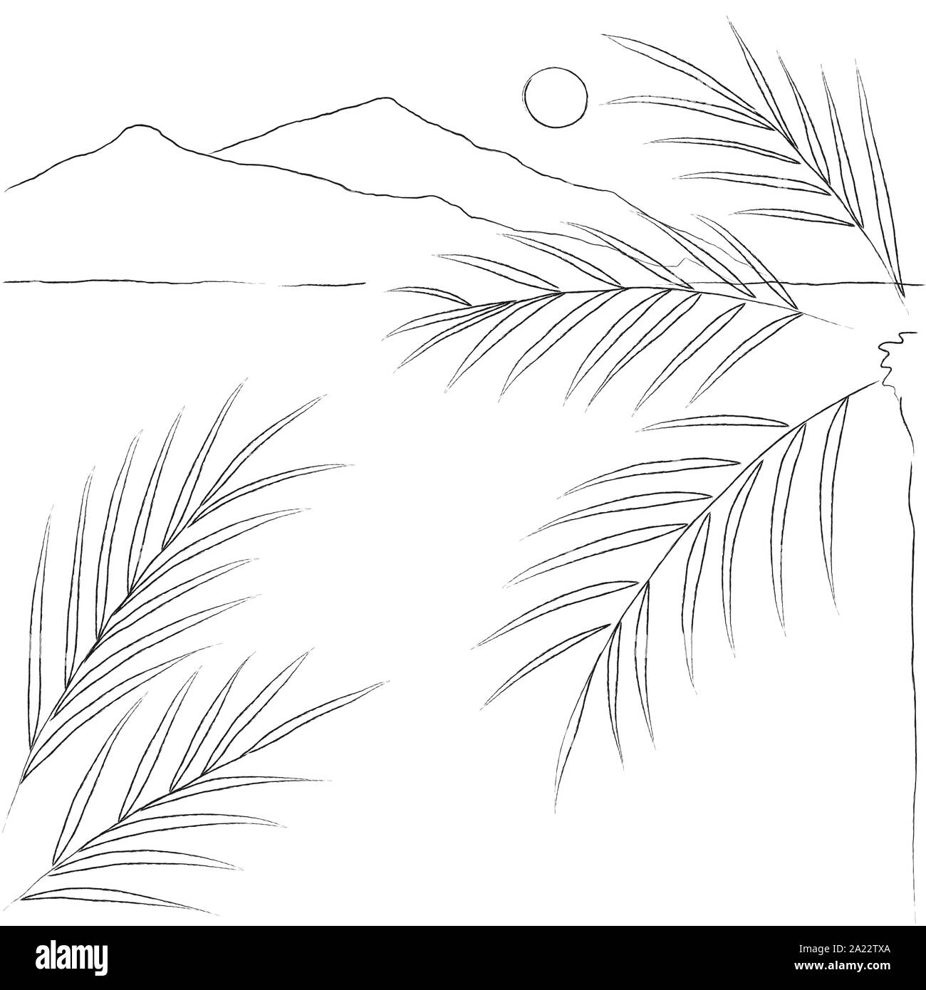 El paisaje nocturno, Mar, palmeras, islas y half moon/ noche romántica / ilustración dibujada a mano Foto de stock