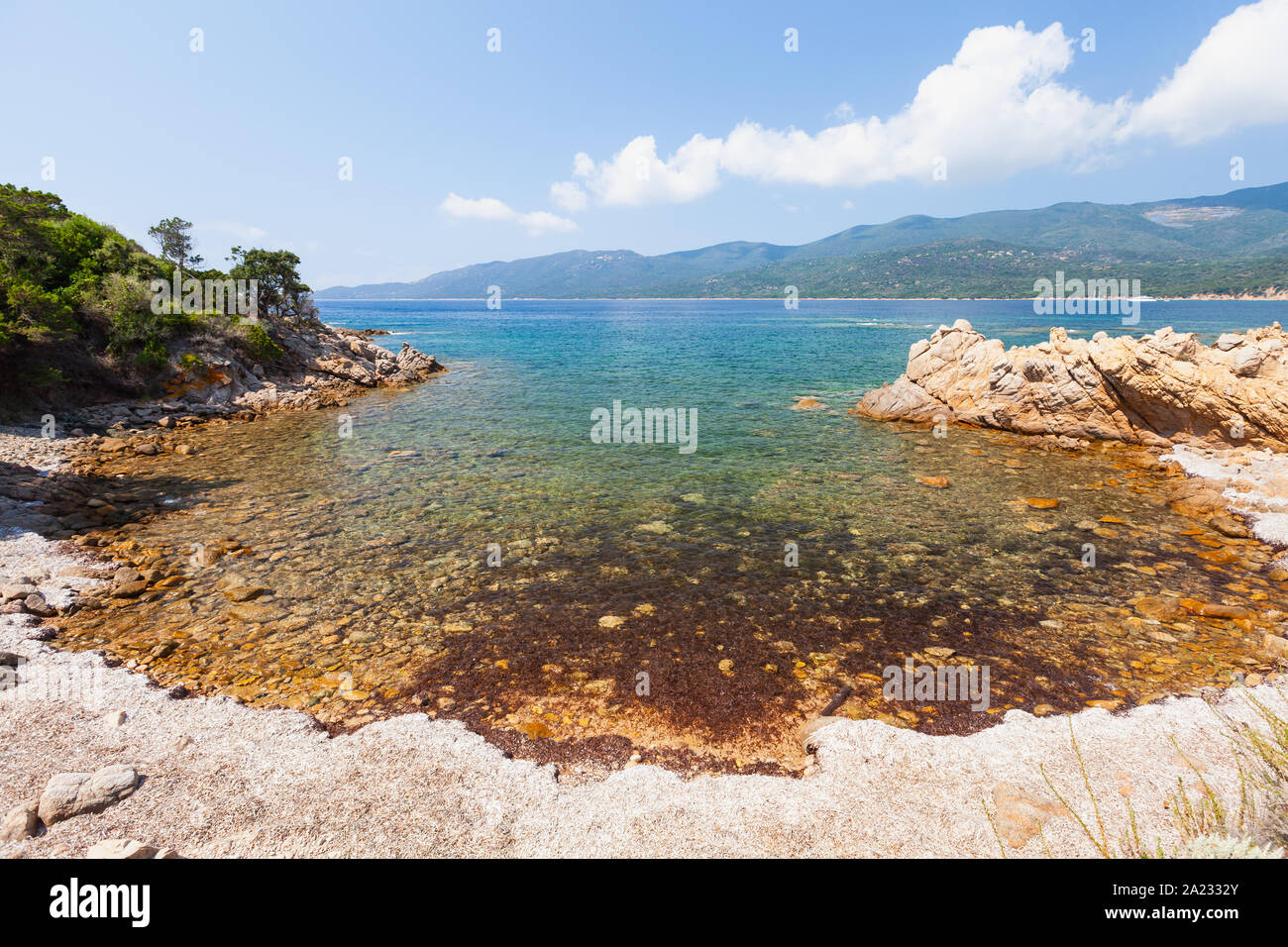 Pequeña laguna salvaje cerca de la playa de Cupabia. El paisaje costero de la isla de Córcega en un día soleado de verano, Francia Foto de stock