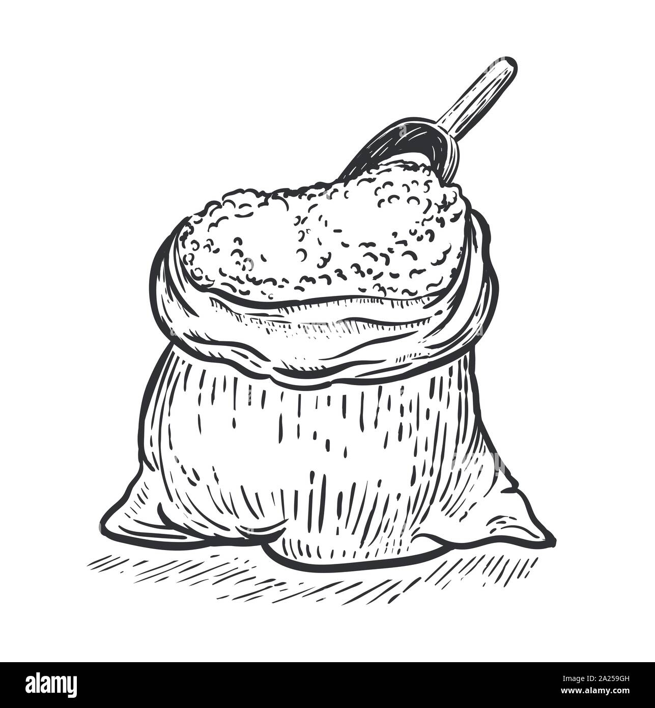 Bolsa de arpillera con boca de harina sobre fondo blanco. Dibujar a mano ilustración vectorial en estilo de grabado Ilustración del Vector
