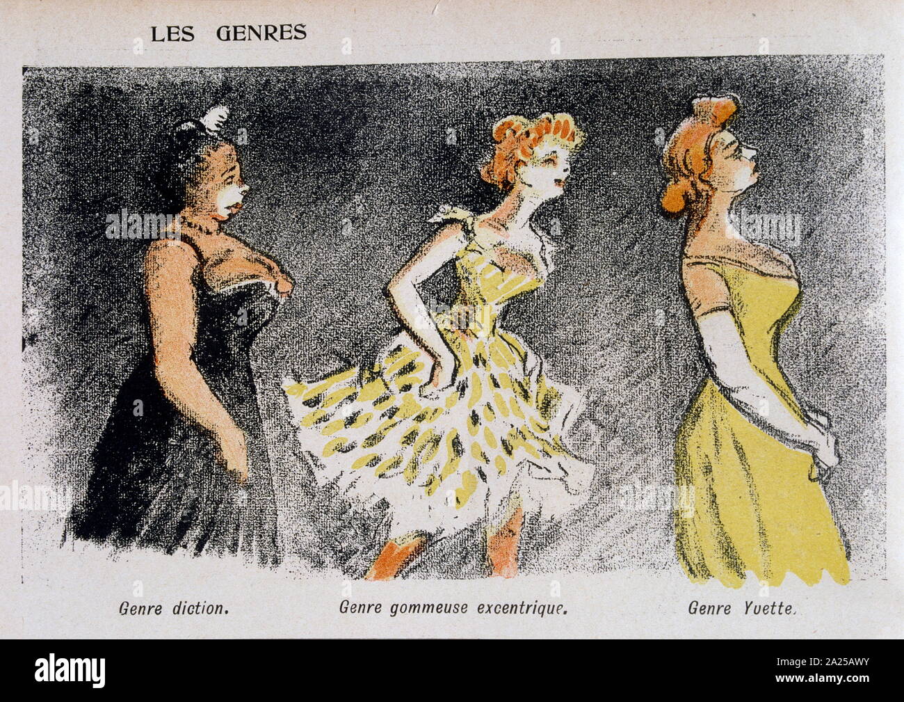 Ilustración de fecha 1906, en la revista francesa, representando tres mujeres, artistas de cabaret provincial Foto de stock