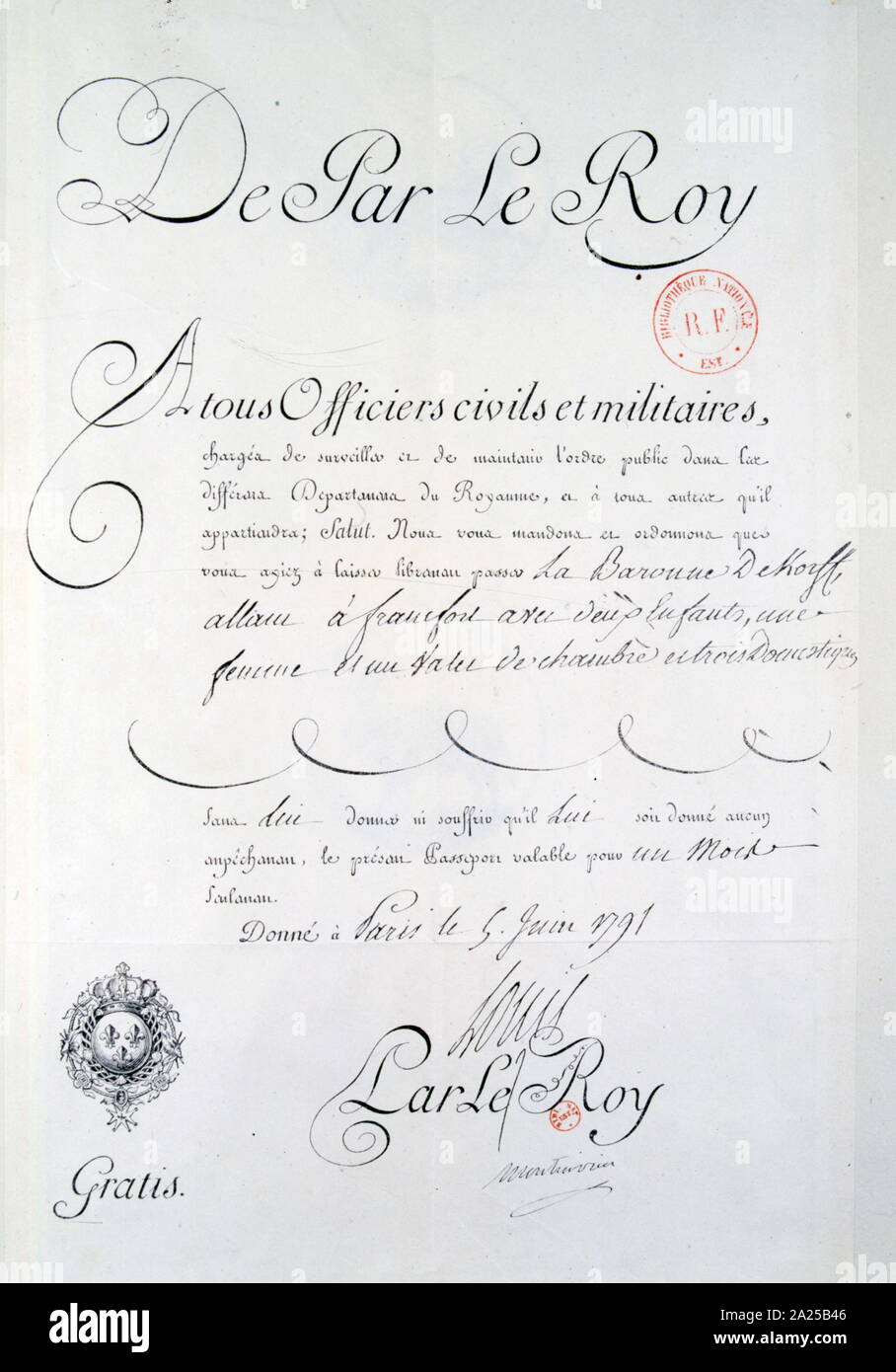 Instrucciones a los soldados para mantener el orden público durante la Revolución Francesa, firmado por el Rey Luis XVI de Francia, el 5 de junio de 1791 Foto de stock