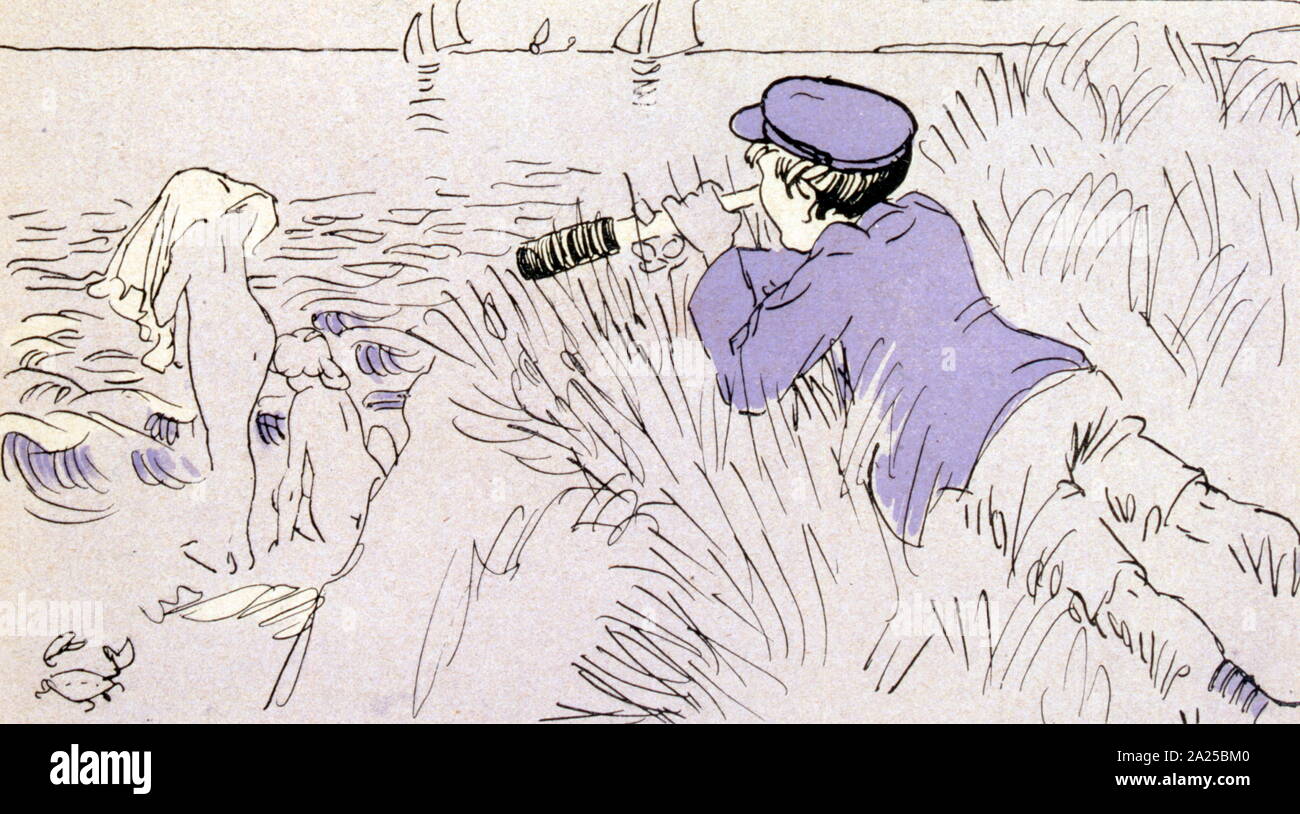 Ilustración satírico francés, mostrando un niño espiar a mujeres desnudas  bañistas en la playa. 1906 Fotografía de stock - Alamy