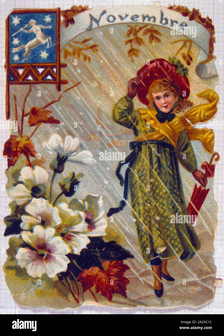 Calendario ilustración representando a noviembre. Francés chromolithograph, 1890 Foto de stock