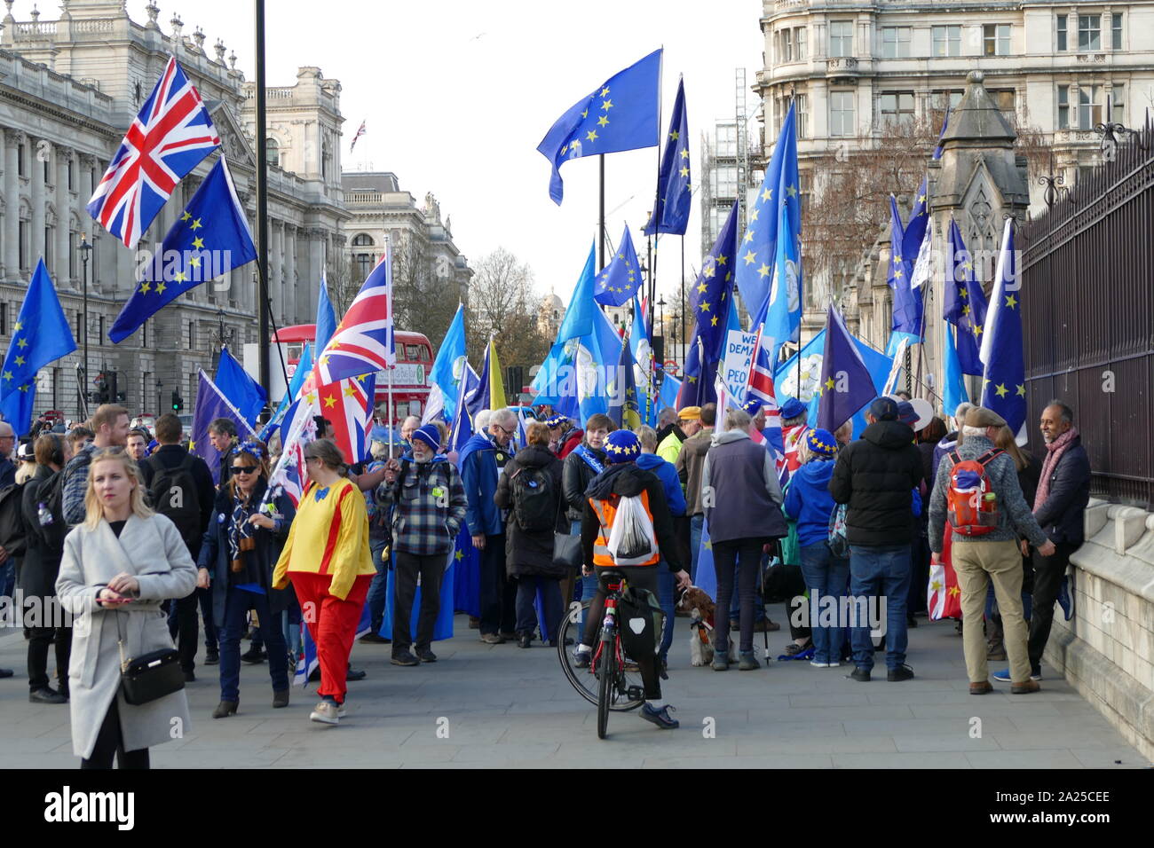 "Permanecer" manifestantes Brexit demostrando en el Parlamento en Londres, Abril 2019.Brexit es el proceso de la retirada del Reino Unido (UK) de la Unión Europea (UE). Tras un referéndum celebrado el 23 de junio de 2016 en la que el 51,9% de los votantes apoyó el abandono de la UE Foto de stock