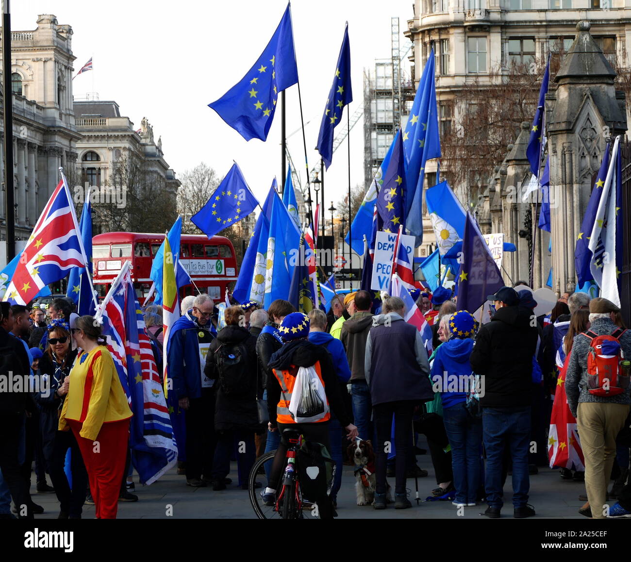"Permanecer" manifestantes Brexit demostrando en el Parlamento en Londres, Abril 2019.Brexit es el proceso de la retirada del Reino Unido (UK) de la Unión Europea (UE). Tras un referéndum celebrado el 23 de junio de 2016 en la que el 51,9% de los votantes apoyó el abandono de la UE Foto de stock